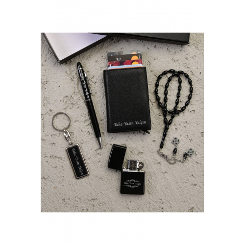 Kişiye Özel Isimli Mekanizmalı Deri Cüzdan Anahtarlık Tesbih Kalem Ve Çakmak Set