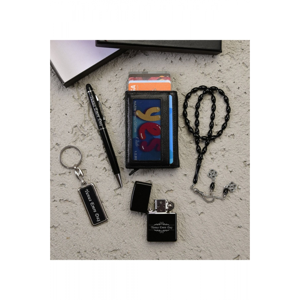 Kişiye Özel Isimli Mekanizmalı Deri Cüzdan Anahtarlık Tesbih Kalem Ve Çakmak Set
