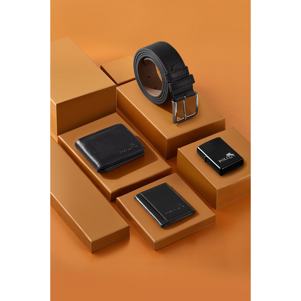 Kutulu Siyah Klasik Erkek Cüzdan Kemer Kartlık Benzinli Çakmak Seti