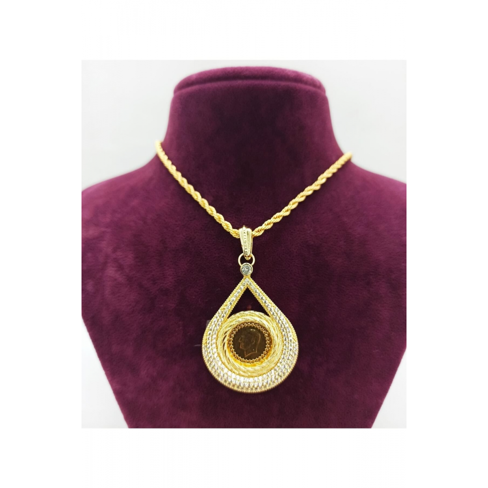 22 Ayar Çeyrek Altın, Altın Kaplama Çerçeveli Ve Halat Zincirli Kolye