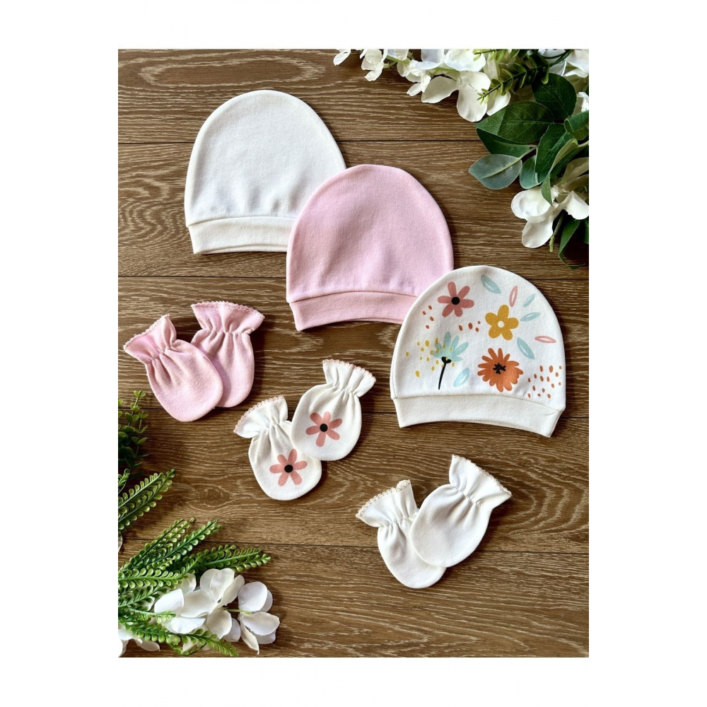 Organik 6`lı Yenidoğan Bebek Eldiven Şapka Takımı Çiçek