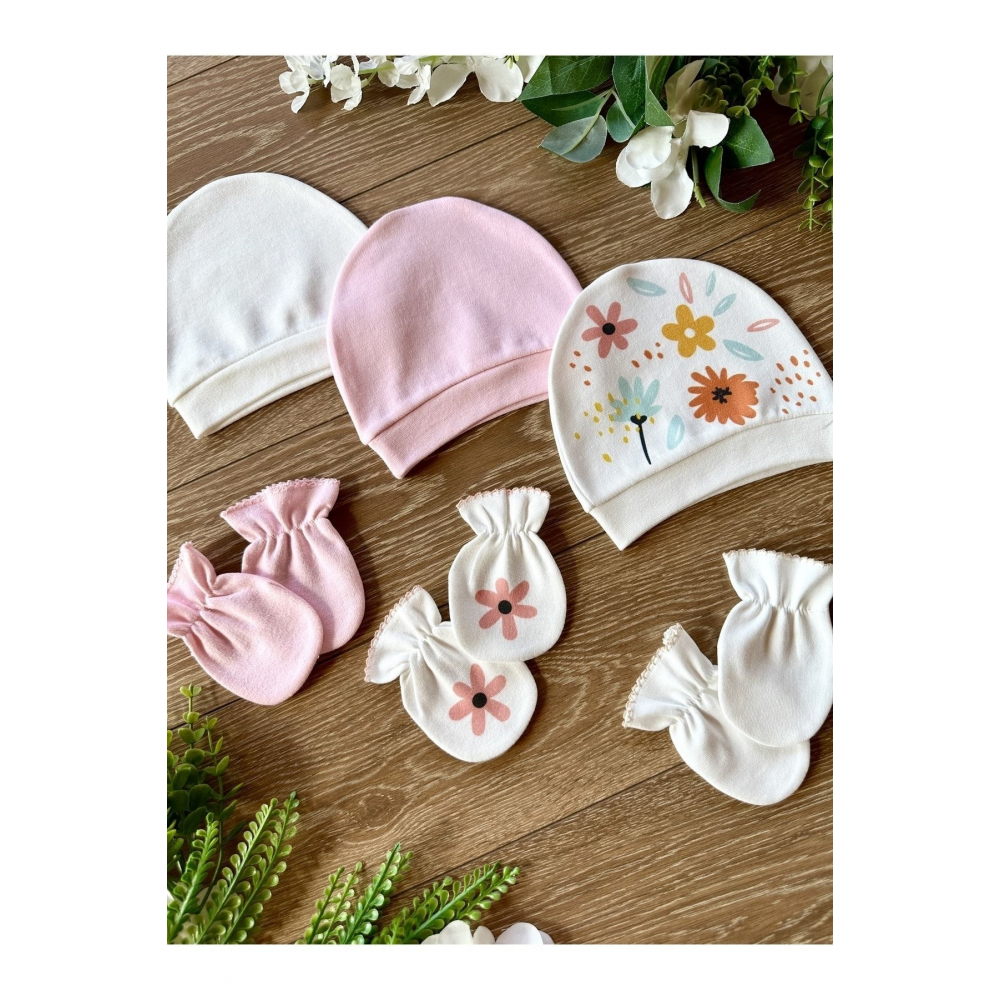 Organik 6`lı Yenidoğan Bebek Eldiven Şapka Takımı Çiçek