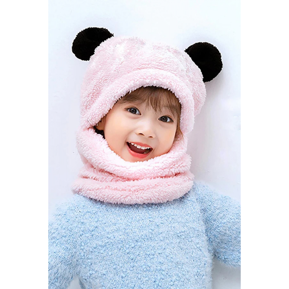 Panda Pembe Çocuk Kapşonlu Peluş Bere Atkı Welsoft Boyunluk Rüzgar Geçirmez Kulaklı Şapka
