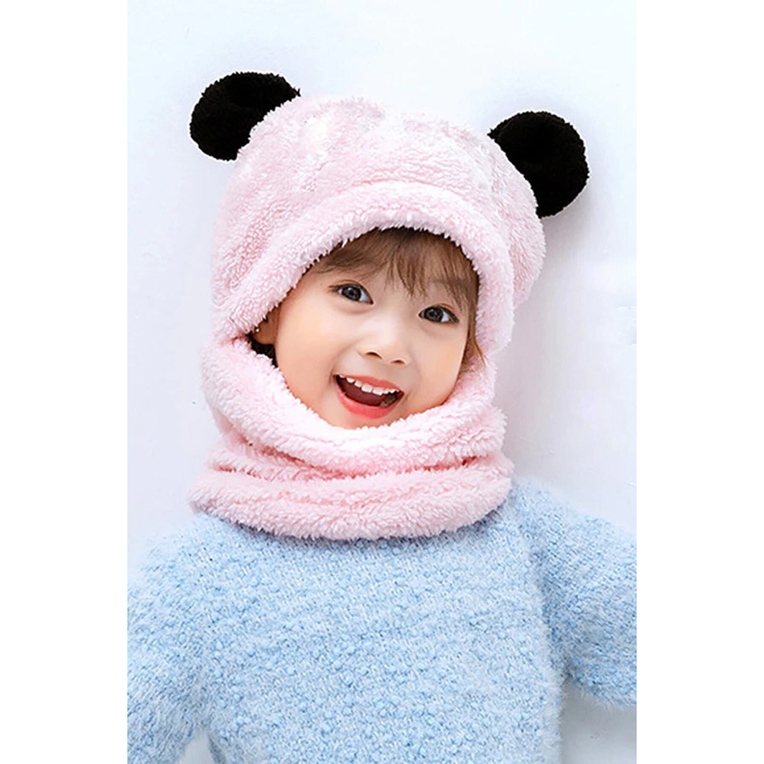 Panda Pembe Çocuk Kapşonlu Peluş Bere Atkı Welsoft Boyunluk Rüzgar Geçirmez Kulaklı Şapka