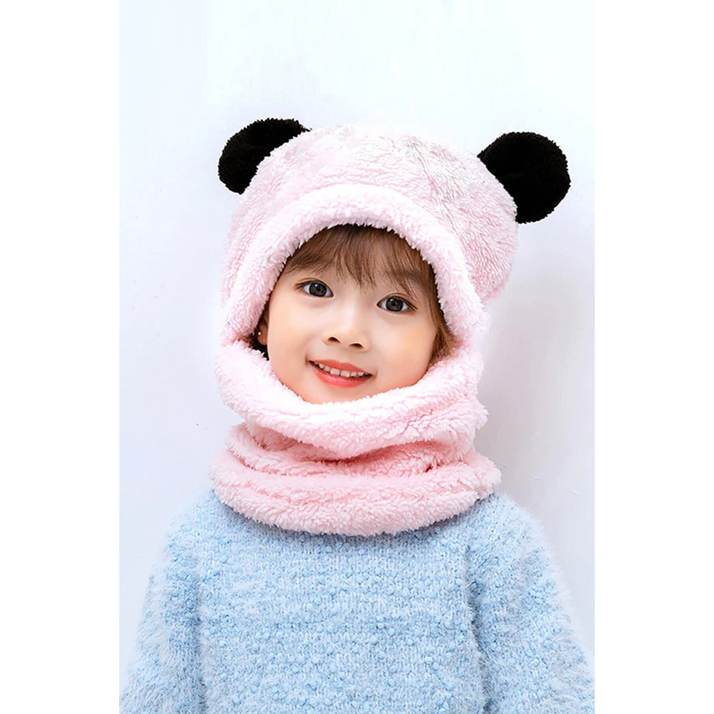 Panda Pembe Çocuk Kapşonlu Peluş Bere Atkı Welsoft Boyunluk Rüzgar Geçirmez Kulaklı Şapka