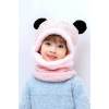 Panda Pembe Çocuk Kapşonlu Peluş Bere Atkı Welsoft Boyunluk Rüzgar Geçirmez Kulaklı Şapka