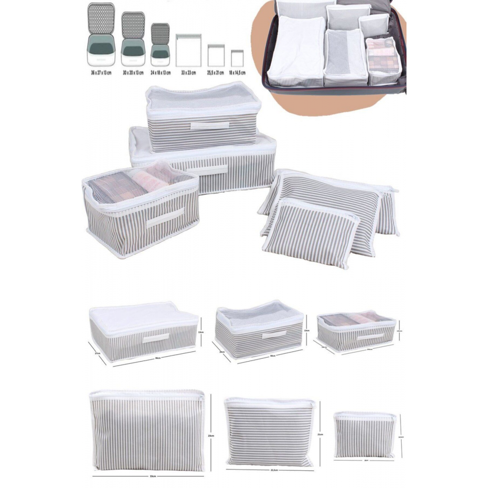 6’ Lı Bavul Valiz Seyahat Çantası Düzenleyici Set Gri Çizgili