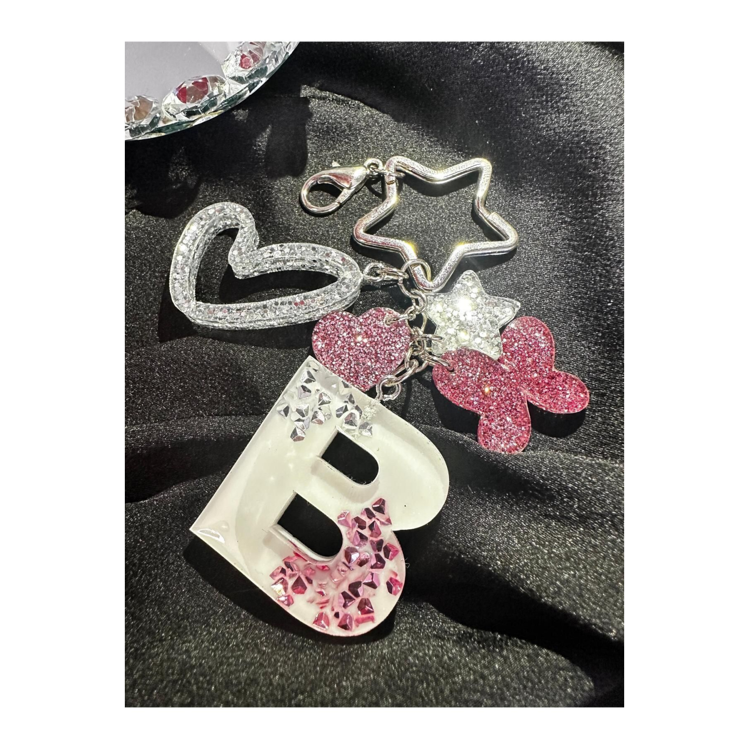 B Harf Gümüş Yıldız Halka VIP Taşlı Ekstra Figürlü Epoksi Harf Anahtarlık Hediyelik Anahtarlı