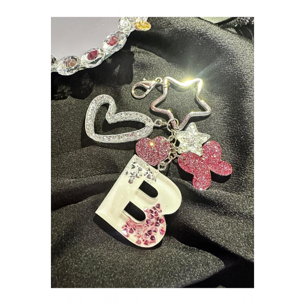 B Harf Gümüş Yıldız Halka VIP Taşlı Ekstra Figürlü Epoksi Harf Anahtarlık Hediyelik Anahtarlı