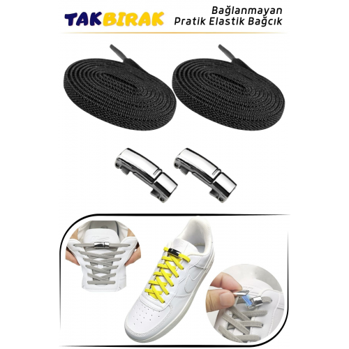 Takbırak Mıknatıslı Lastikli Ayakkabı Bağcığı, Akıllı Bağcık, Bot Çocuk Spor Converse Bağcık, Siyah