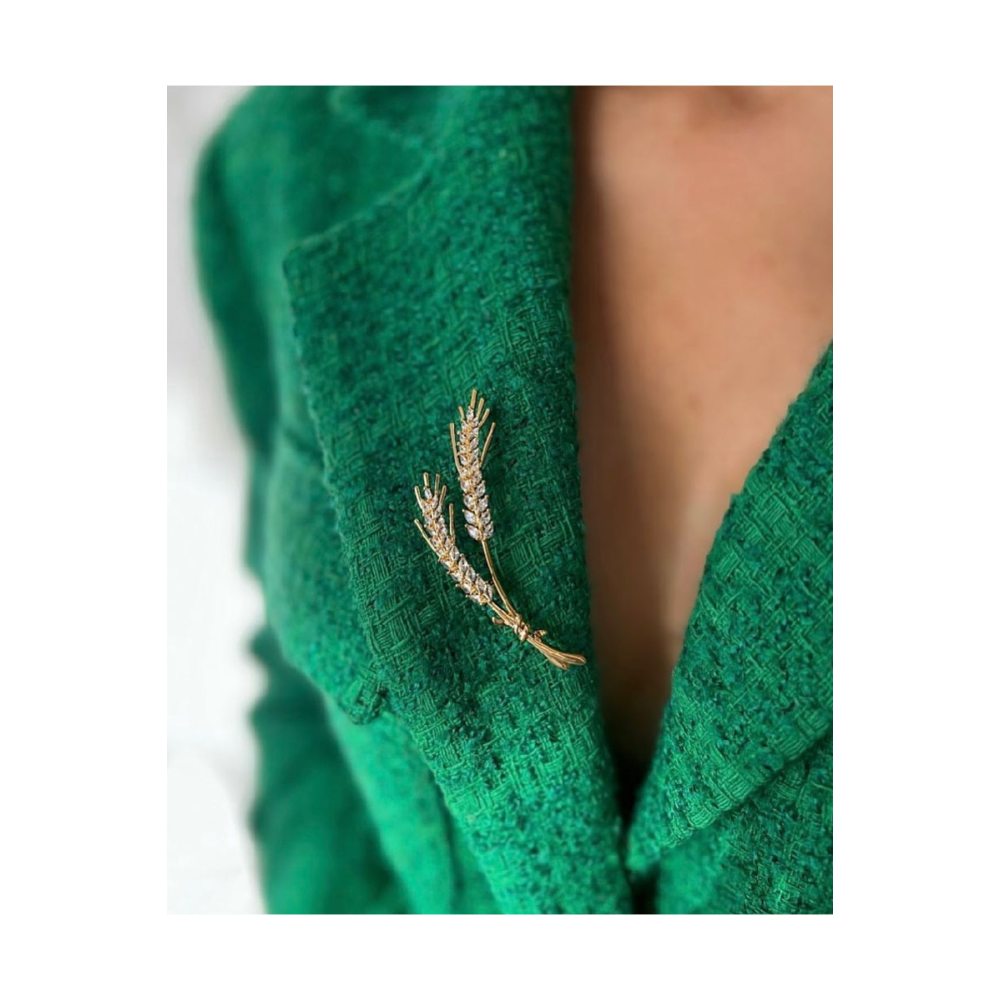 Zirkon Taşlı Buğday Figürlü Gold Çelik Broş