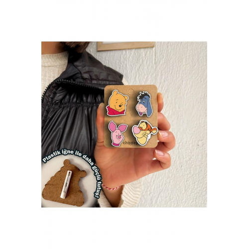 Ayıcık, Piggy, Kaplan, Sevimli Eşek 4'lü Ahşap Mini Rozet Seti