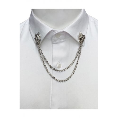 Kurt Figürlü Gümüş Renk Zincirli Gömlek Yaka Iğnesi