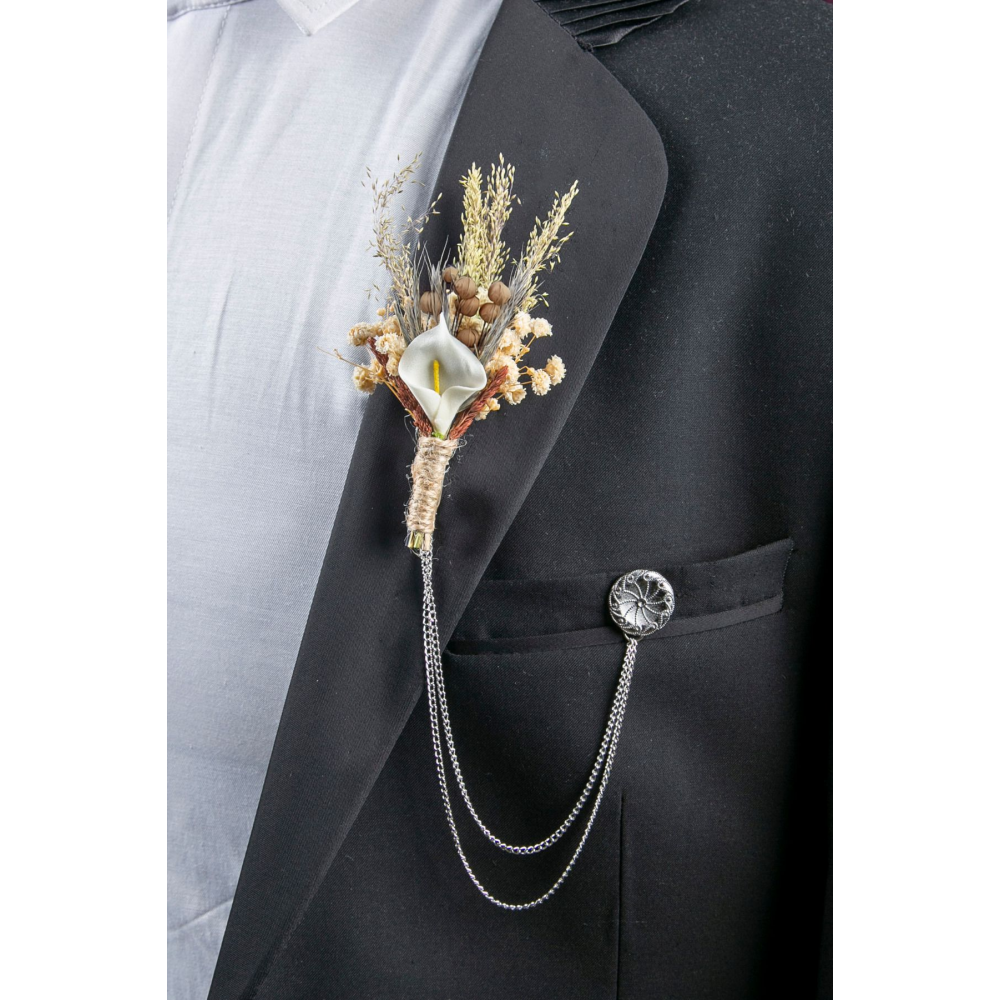 Özel Kutulu Sarı Renk Kuru Çiçek Damat Yaka Çiçeği Ve Ceket Zinciri
