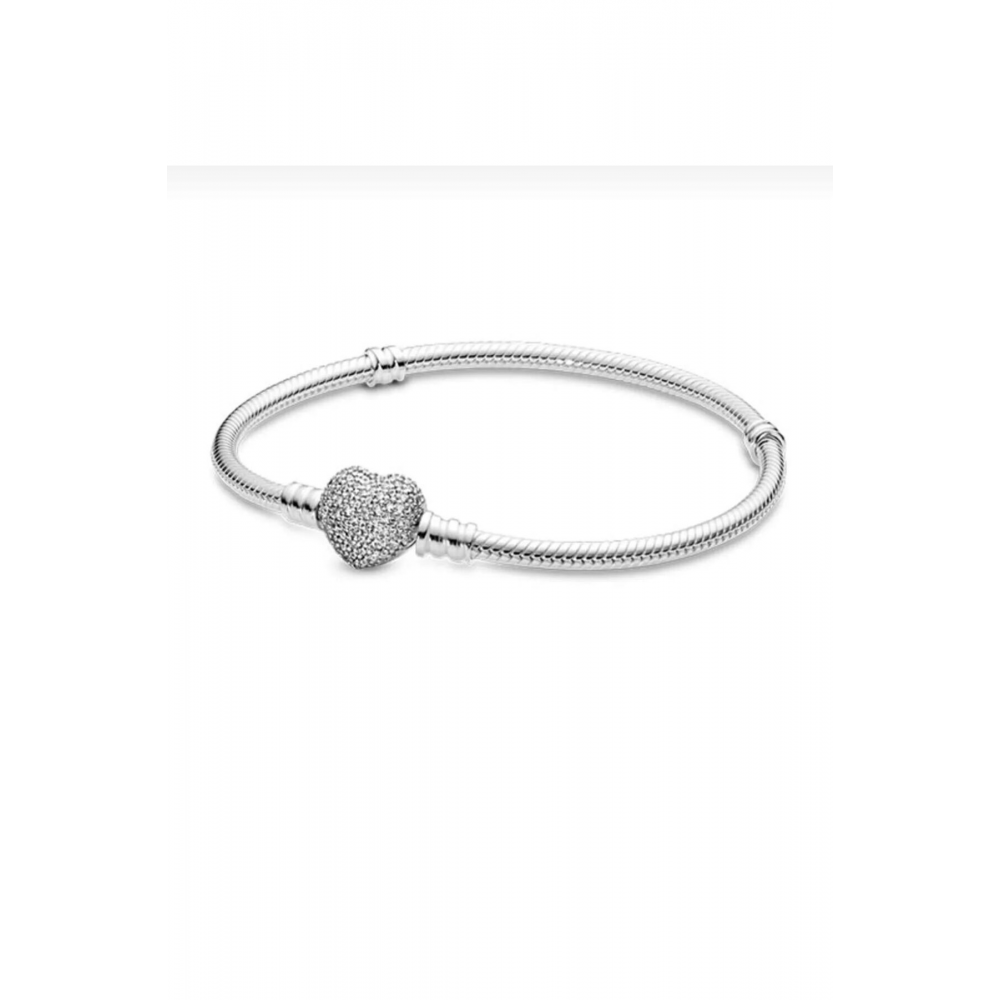 Pave Taşlı Kalp Model Charm Taşıyıcı Çelik Bileklik
