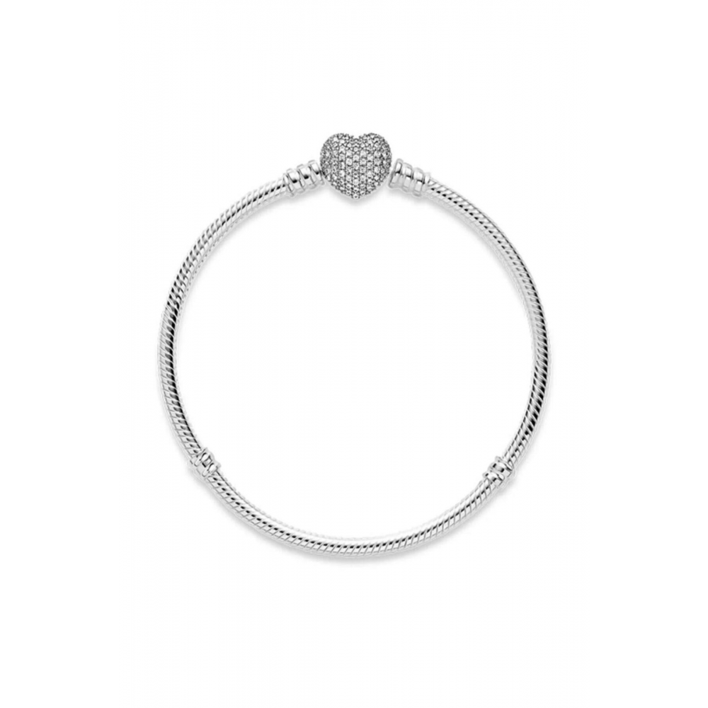 Pave Taşlı Kalp Model Charm Taşıyıcı Çelik Bileklik