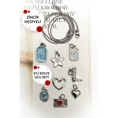 Çelik Zincir Rodyum Kaplama 8'li Kolye Ucu