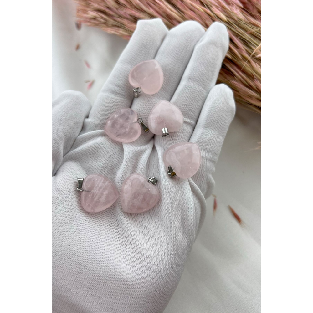 Pembe Kuvars Kalp Model Kolye, Bileklik, Küpe, Çanta, Cüzdan Aksesuar Ucu Doğal Taş