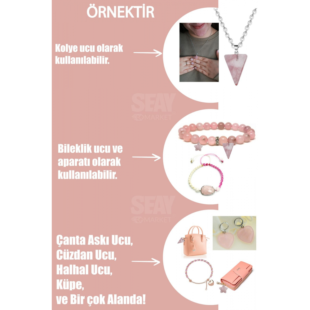 Pembe Kuvars Kalp Model Kolye, Bileklik, Küpe, Çanta, Cüzdan Aksesuar Ucu Doğal Taş