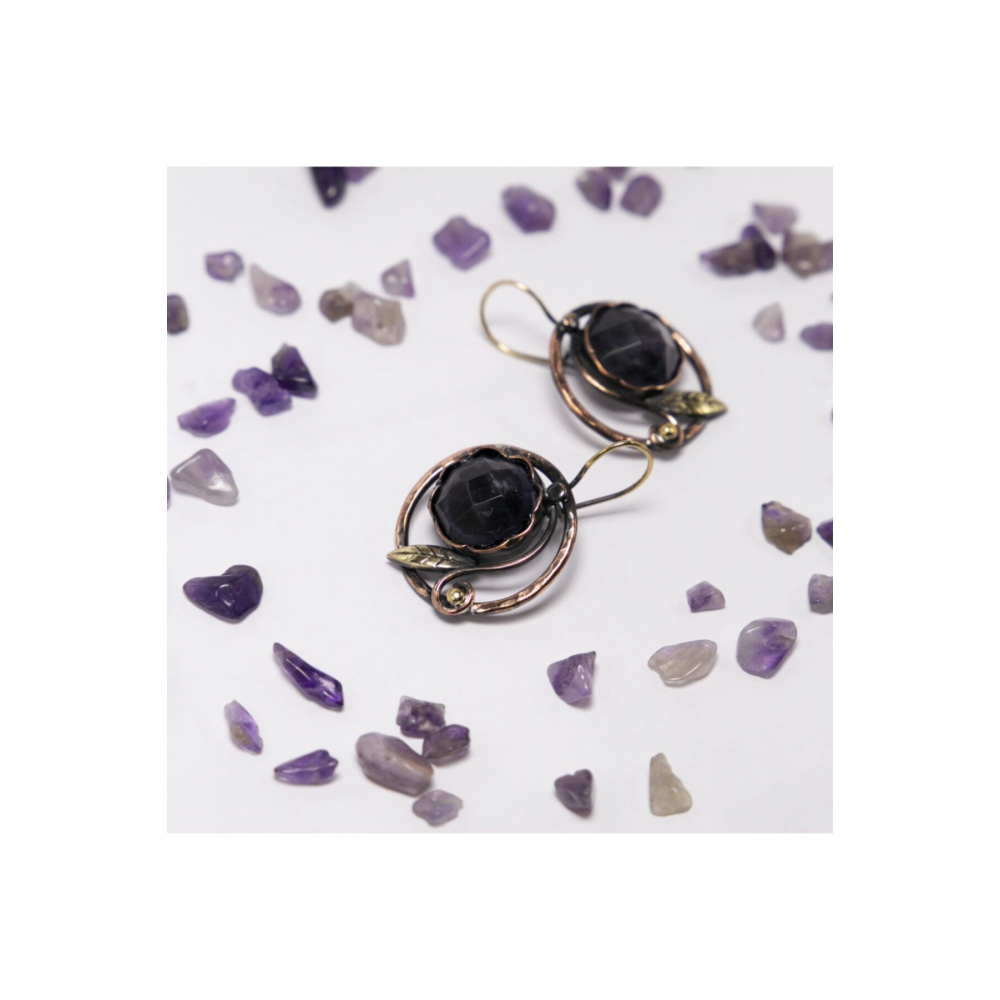 Ametist Doğal Taş Saf Bakır Küpe Bakır Takı Huzur Meditasyon Taşı