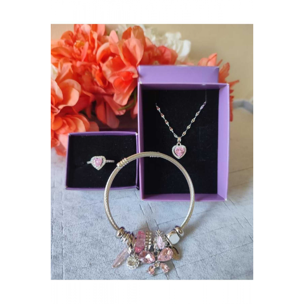 Çelik Kararmaz Pandora' Bileklik Kolye Pembe Kalp Çelik Ciddi Ilişki Yüzük