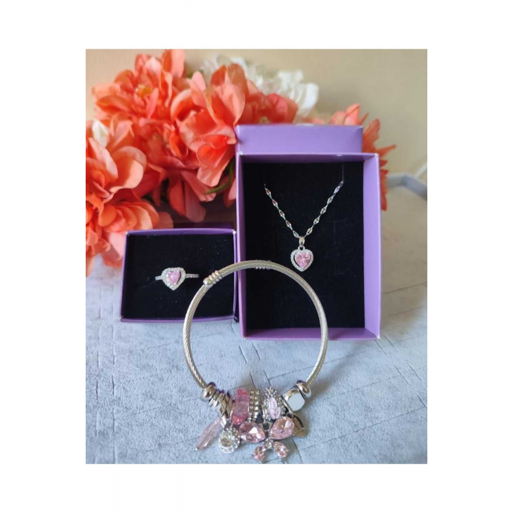 Çelik Kararmaz Pandora' Bileklik Kolye Pembe Kalp Çelik Ciddi Ilişki Yüzük