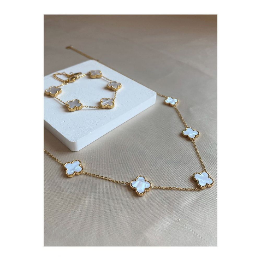 Matchless Van Cleef Beyaz Sedef Taşlı Gold Yonca Model Çelik (KOLYE & BİLEKLİK) 2'li Set
