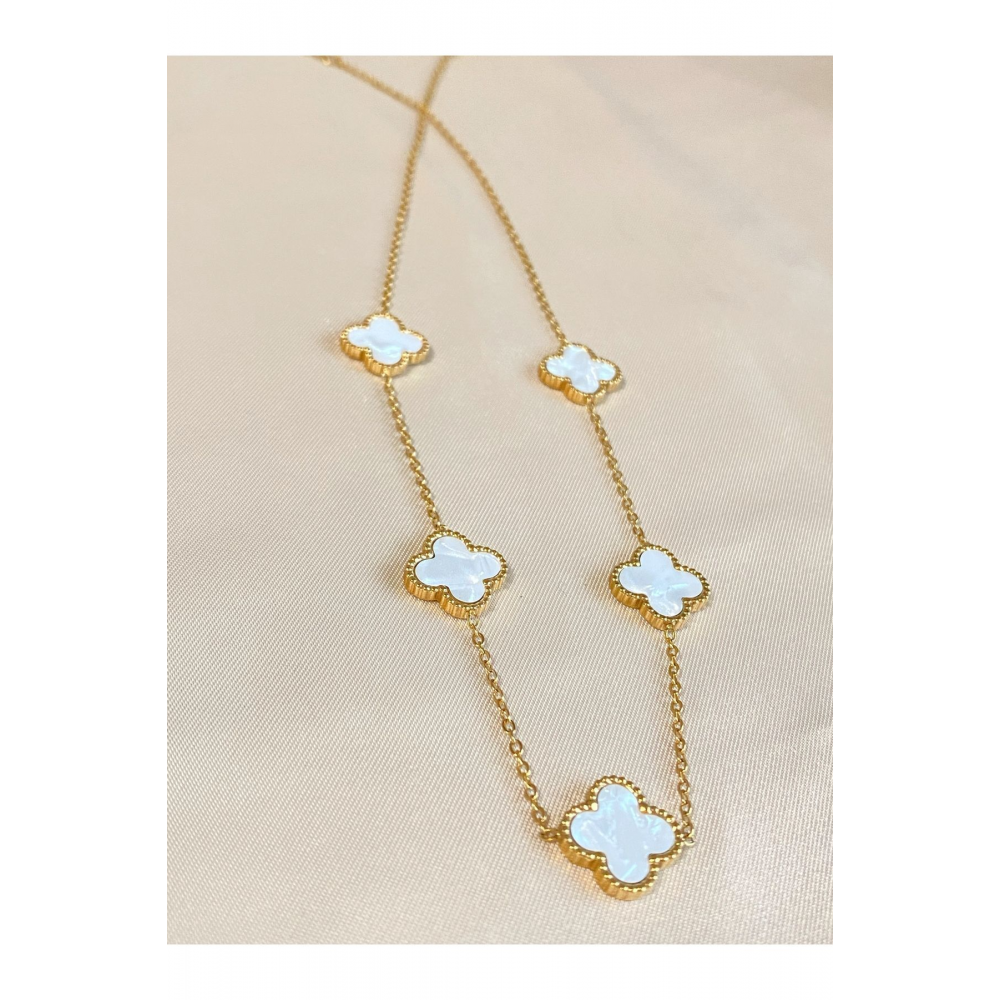 Matchless Van Cleef Beyaz Sedef Taşlı Gold Yonca Model Çelik (KOLYE & BİLEKLİK) 2'li Set