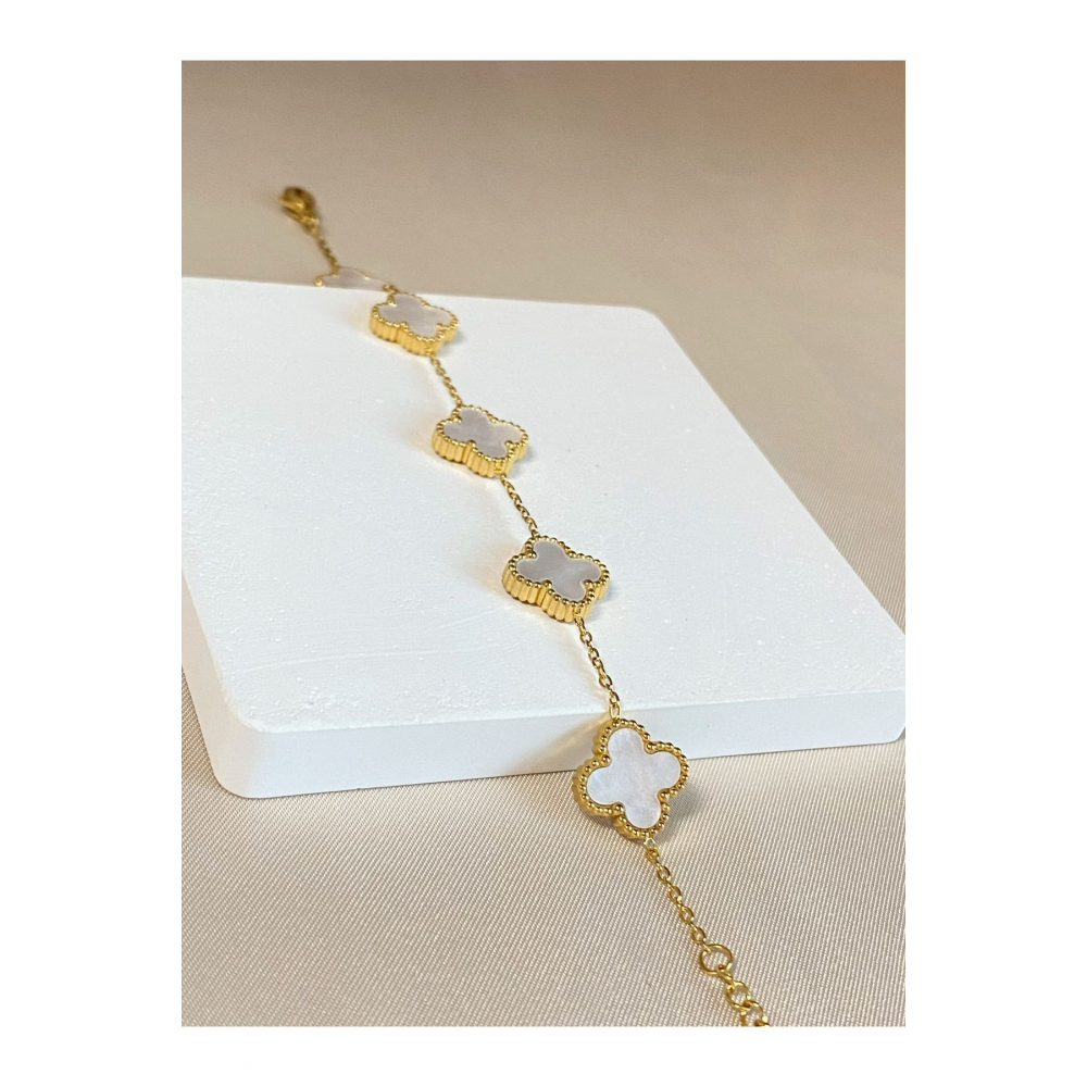 Matchless Van Cleef Beyaz Sedef Taşlı Gold Yonca Model Çelik (KOLYE & BİLEKLİK) 2'li Set