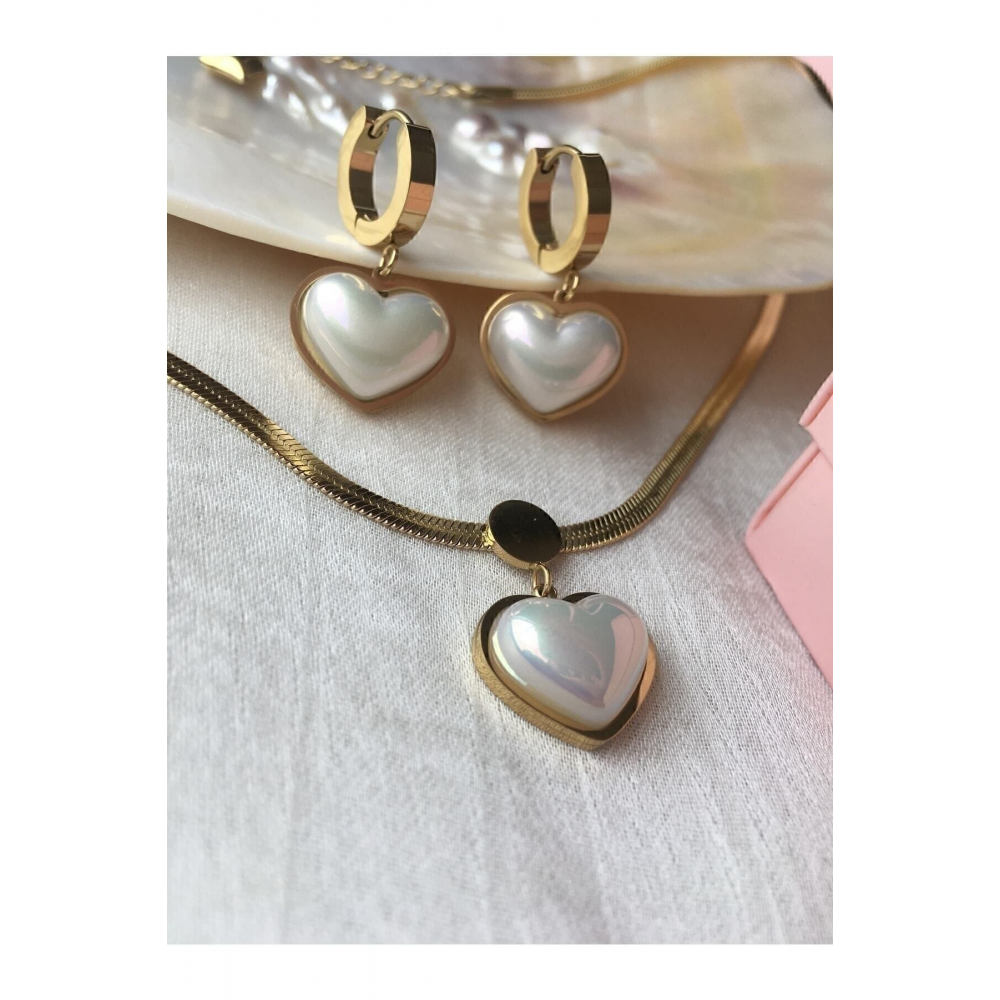 Fcstore Italyan Zincir Sedefli Kalp Kalpli Çelik Küpe Ve Bileklik Set Vintage