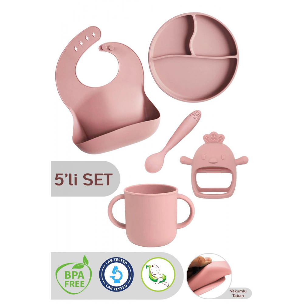 5'li Set Silikon Mama Önlüğü Kulplu Bardak Vakumlu Tabak Mama Kaşığı ve Bebek Diş Kaşıyıcı Pembe