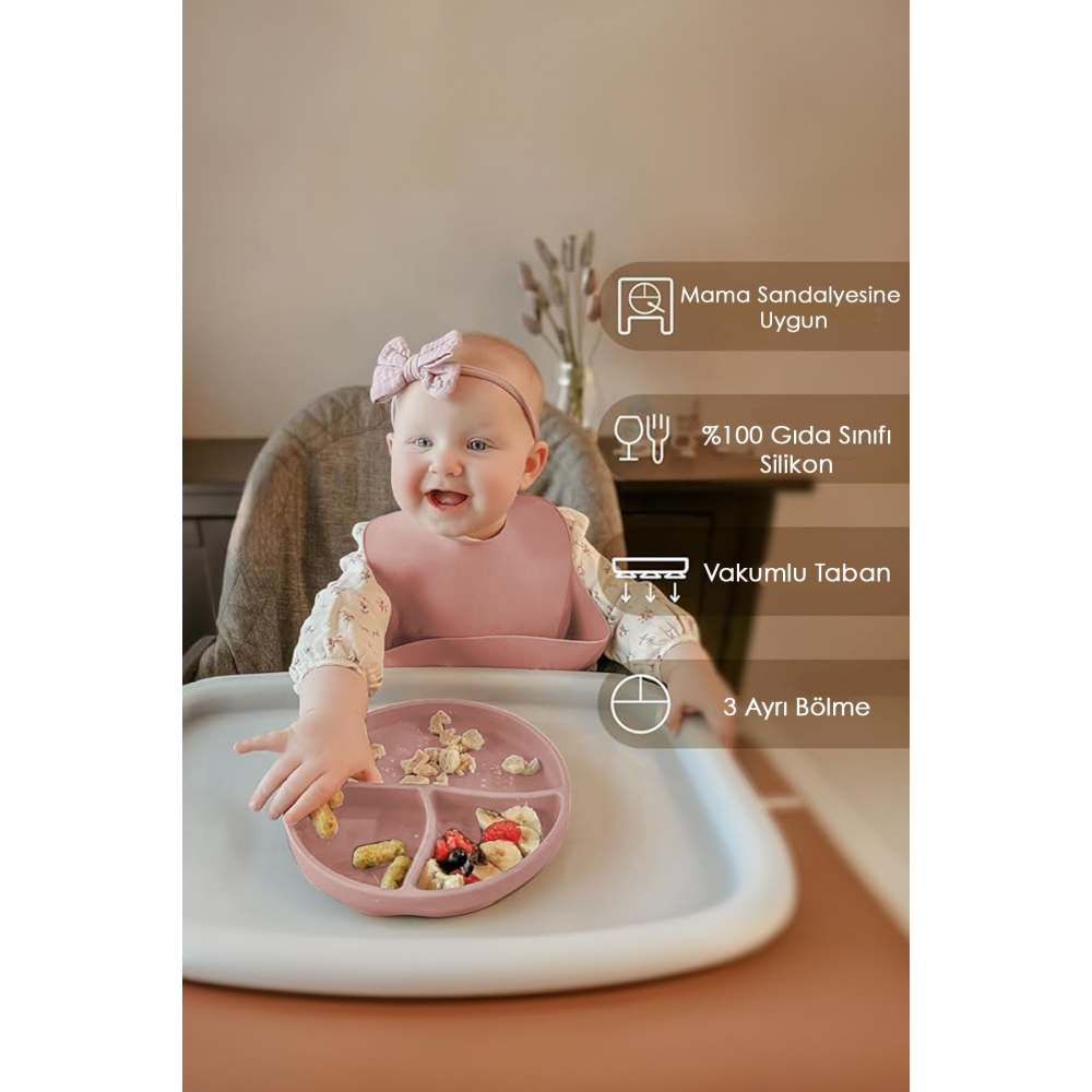 5'li Set Silikon Mama Önlüğü Kulplu Bardak Vakumlu Tabak Mama Kaşığı ve Bebek Diş Kaşıyıcı Pembe