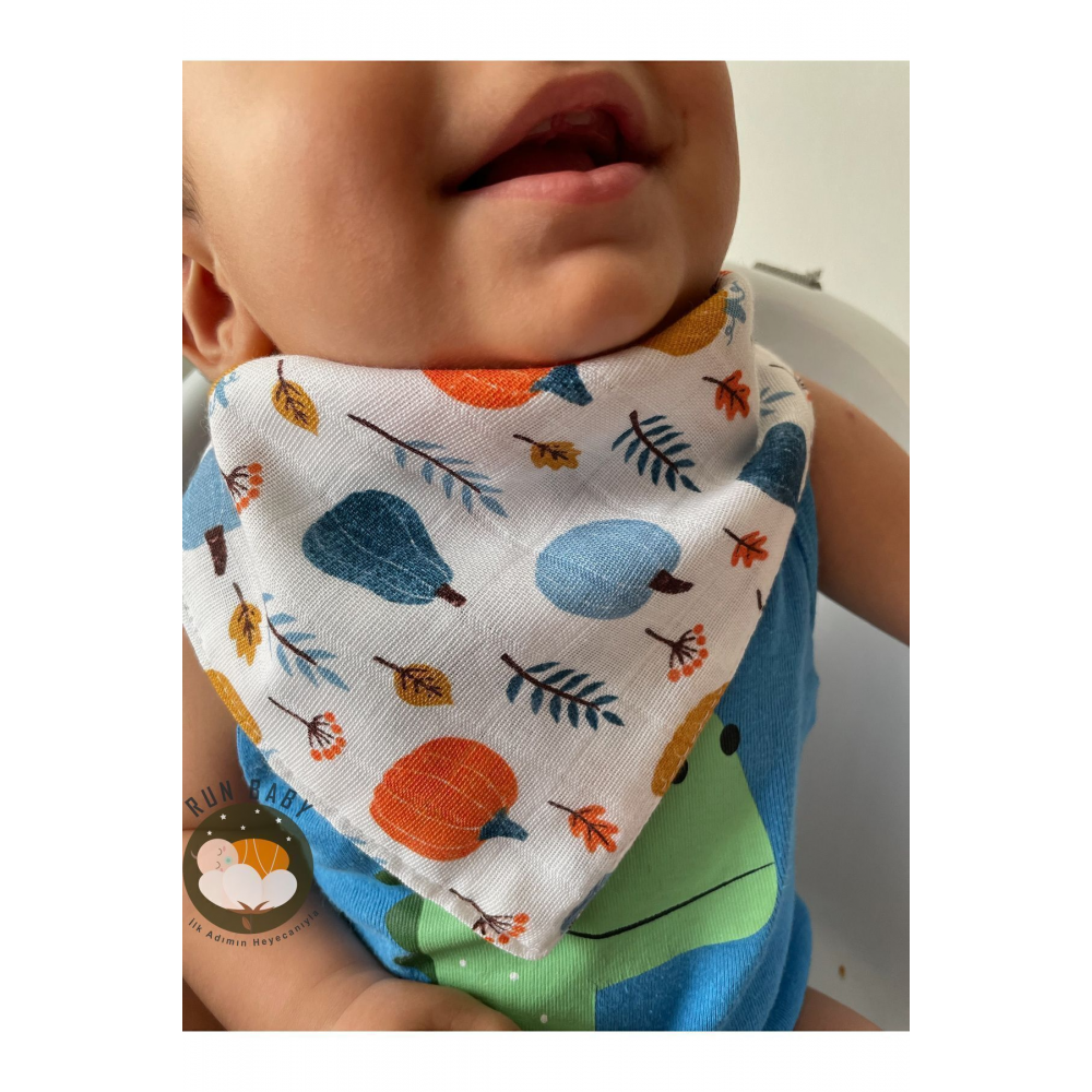 (12 ADET) Run Baby %100 Organik Pamuk Müslin Kumaş Iki Çıtçıtlı Bebek Salya Önlük & Fular