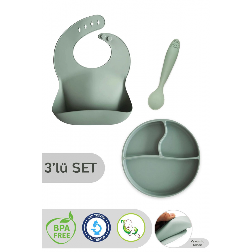 3'lü Silikon Beslenme Seti - Silikon Mama Önlüğü Vakum Tabanlı Tabak Diş Kaşıyıcılı Kaşık Yeşil