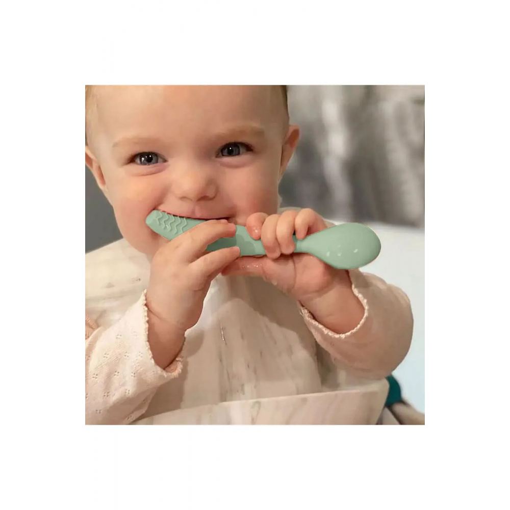 3'lü Silikon Beslenme Seti - Silikon Mama Önlüğü Vakum Tabanlı Tabak Diş Kaşıyıcılı Kaşık Yeşil