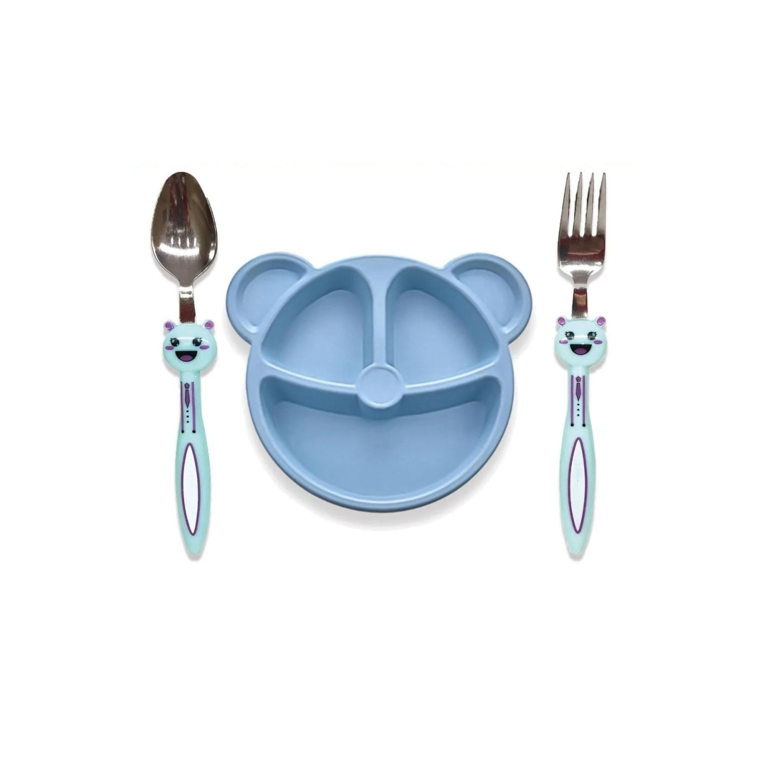 Baby 3 Parça Tavşan Figürlü Çocuk Çatal Kaşık Ve Mama Tabağı Seti (mavi)