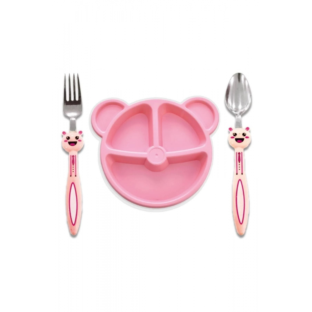 Baby 3 Parça Tavşan Figürlü Çocuk Çatal Kaşık Ve Mama Tabağı Seti (pembe )