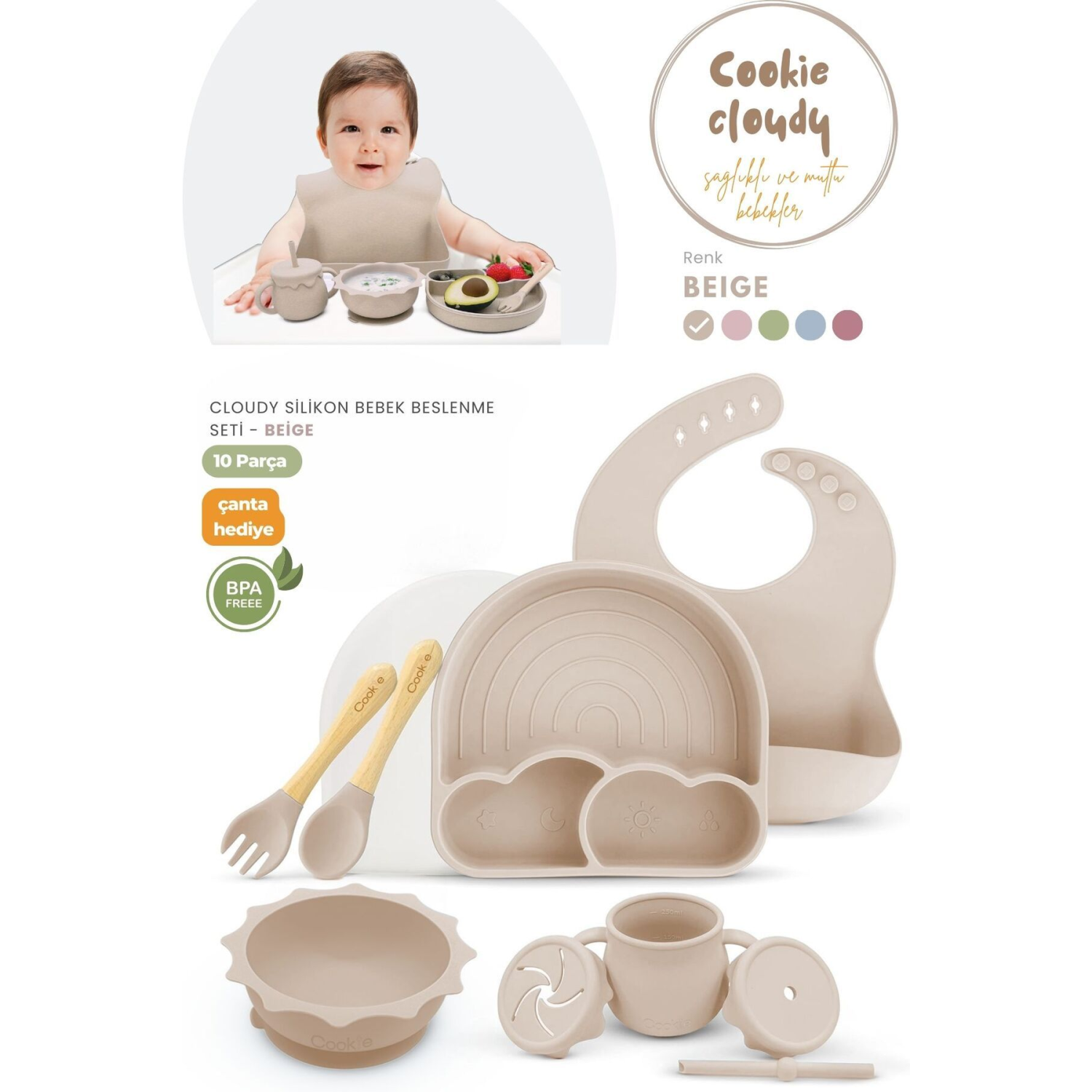 Cloudy 11 Parça Full Silikon Bebek Beslenme Seti: Güvenli, Esnek, BPA / PVC İçermez, %100 Doğal