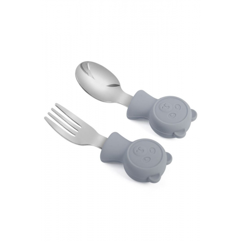 Paslanmaz Çelik Gri Bebek Ayıcık Model Çocuk Kaşık ve Çatal Set cin766gr