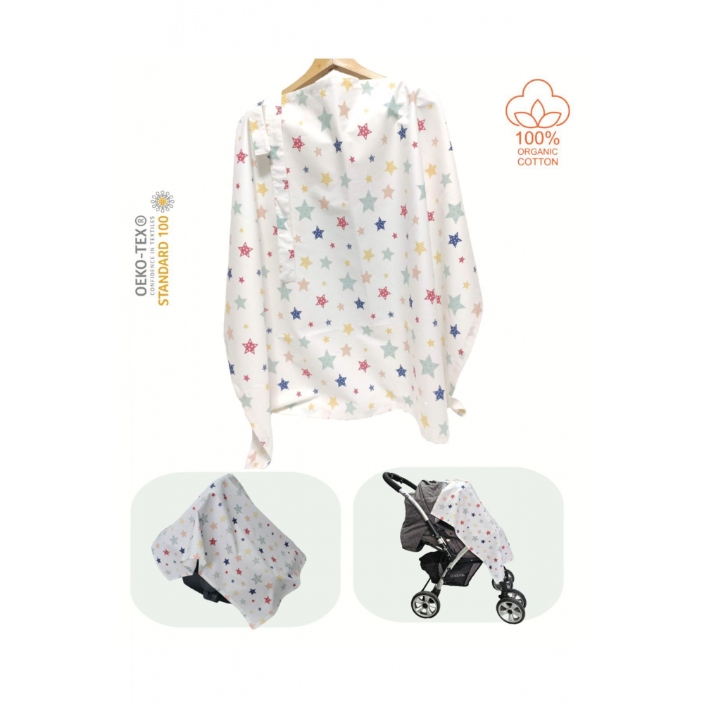 Balenli Emzirme Önlüğü 100x80 Cm Ayarlanabilir Boy Renkli Yıldız Emzirme Örtüsü Organik Pamuklu
