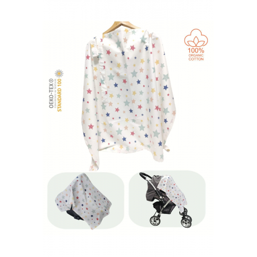 Balenli Emzirme Önlüğü 100x80 Cm Ayarlanabilir Boy Renkli Yıldız Emzirme Örtüsü Organik Pamuklu