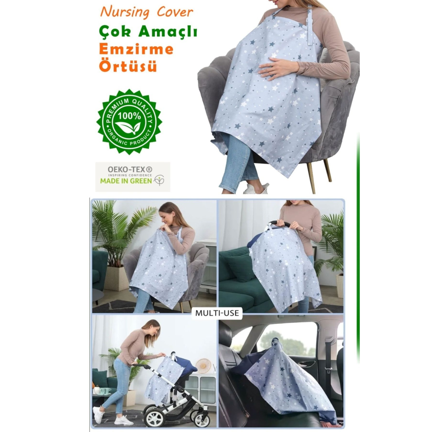 Emzirme Önlüğü, Çok Amaçlı Emzirme Örtüsü, Puset Örtüsü %100 Pamuk