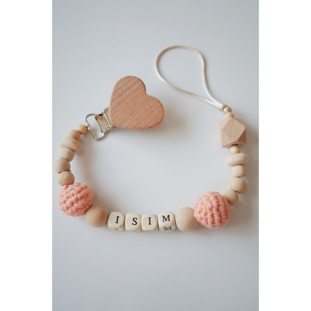Isme Özel Kalp Klips 2 Doğal Ahşap Emzik Zinciri/emzik Askısı/bebek Hediyelik