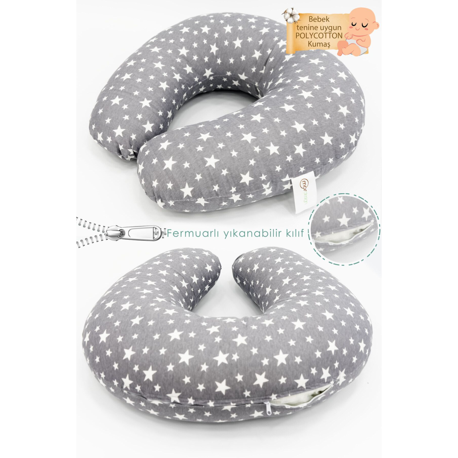 Çift Taraflı Emzirme Yastığı /bebek Destek Minderi, Hamile Yastığı, Pamuklu Kumaş, Stars, Antrasit
