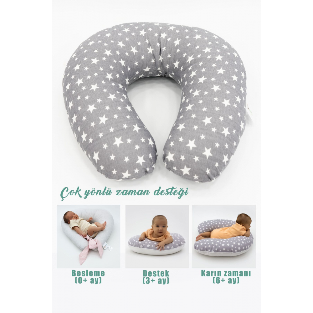 Çift Taraflı Emzirme Yastığı /bebek Destek Minderi, Hamile Yastığı, Pamuklu Kumaş, Stars, Antrasit