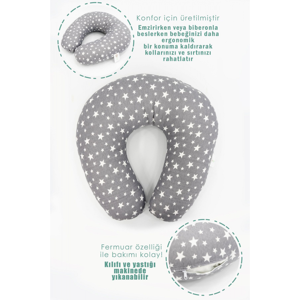 Çift Taraflı Emzirme Yastığı /bebek Destek Minderi, Hamile Yastığı, Pamuklu Kumaş, Stars, Antrasit
