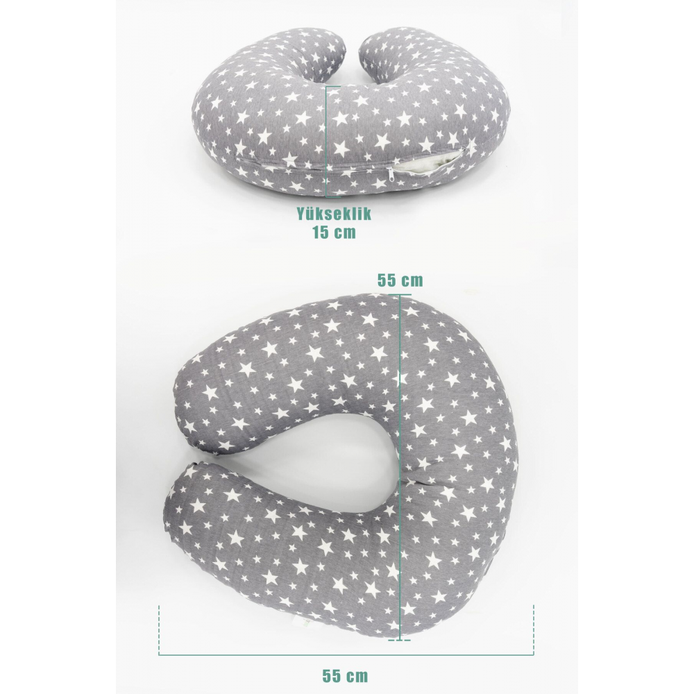 Çift Taraflı Emzirme Yastığı /bebek Destek Minderi, Hamile Yastığı, Pamuklu Kumaş, Stars, Antrasit