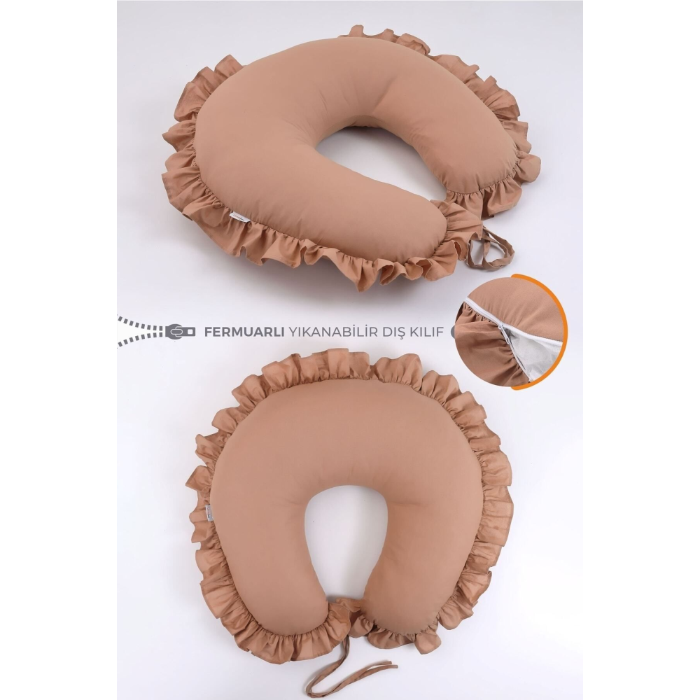 Emzirme Yastığı Minderi - %100 Pamuk - Kahve Fırfırlı