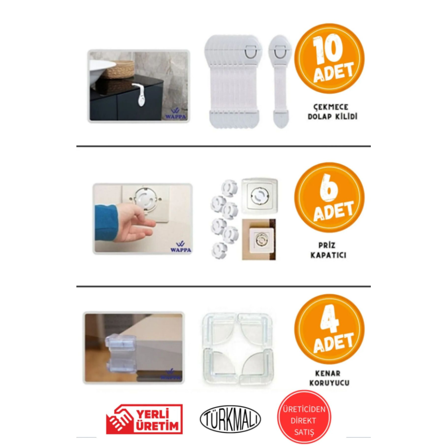 Çocuk Bebek Güvenlik Emniyet Seti,10 Çekmece Dolap Kilidi,4 Köşe Koruyucu, 6 Priz Koruyucu