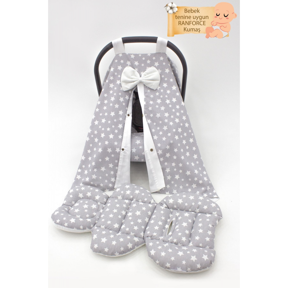 Ortopedik Bel Destekli Bebek Puset Minderi, Örtü Ve Çarşaf 3' Lü Set, Stars Serisi